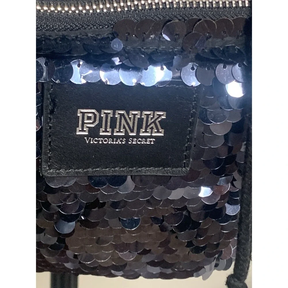 Victoria's Secret PINK Black Sequin Large Backpack Y2K Drawstring Zipper Adjusts